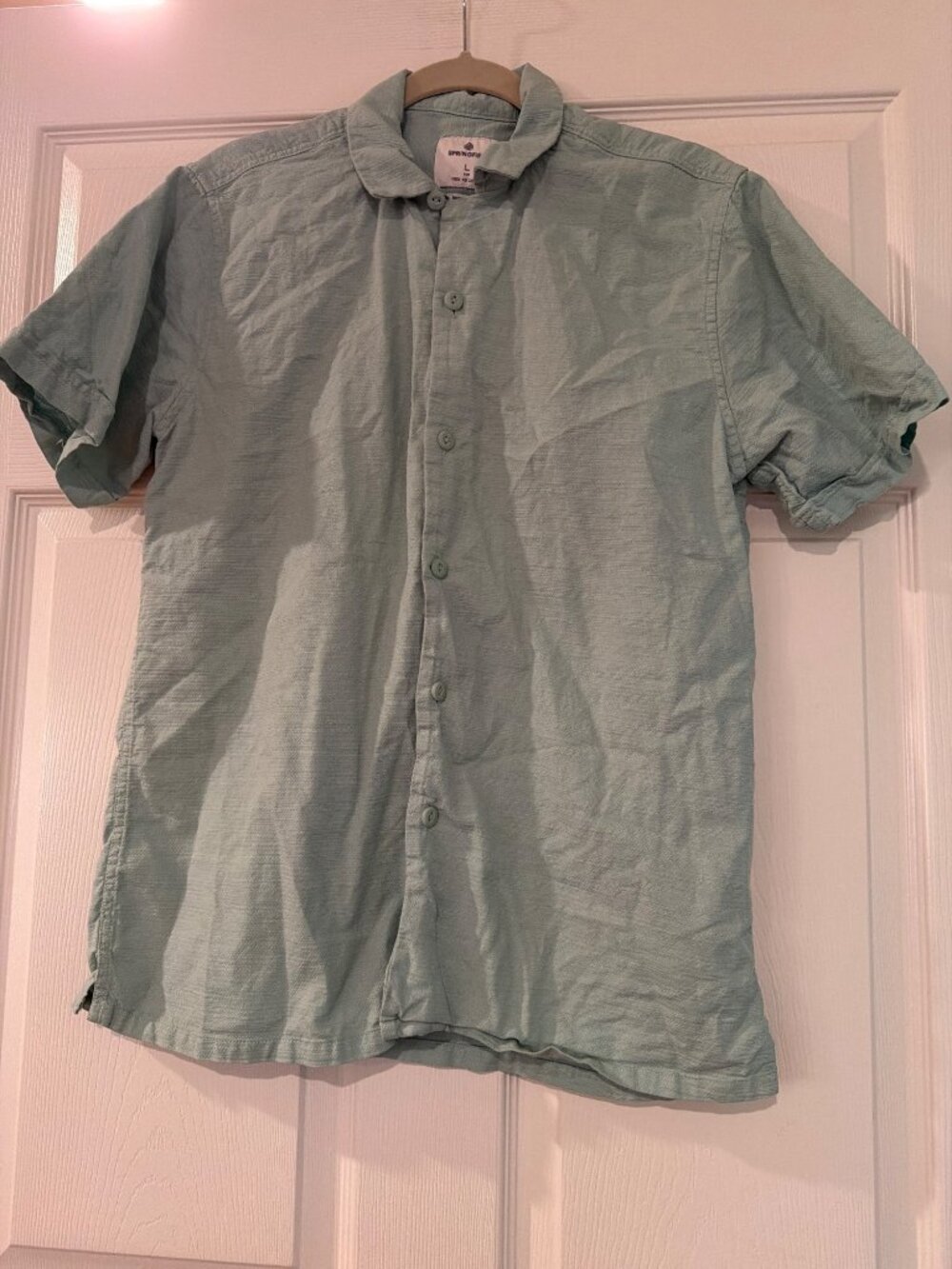 Springfield Mens Light Green Short Sleeve Button-Up Shirt Regular Fit Size L Cot